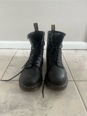 Dr. Martens Black Lace-Up Boots with Yellow Stitching Detail
